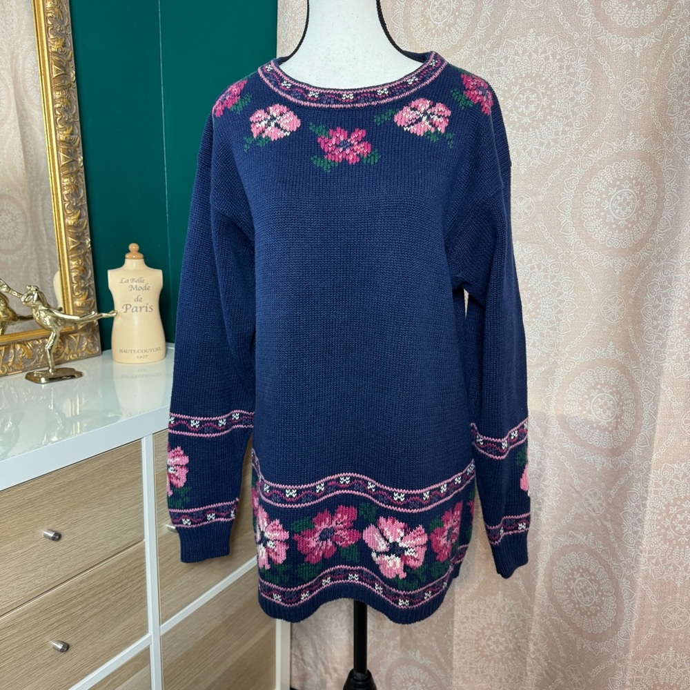 Acccordeon Vintage 90s Navy Knit Sweater Tunic Pink Floral Hibiscus Size Medium